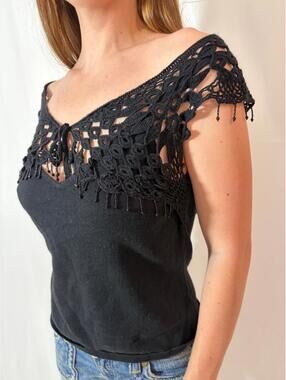 Back Beaded Crochet Fringe 90s Moda International Embellished Top